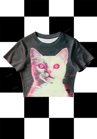 Chicshe Halloween Puppet Cat Y2K Mesh Crop Top 