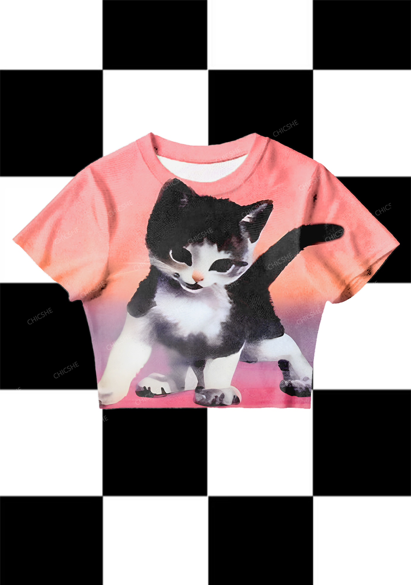 Chicshe Cute Black Cat Y2K Mesh Crop Top 