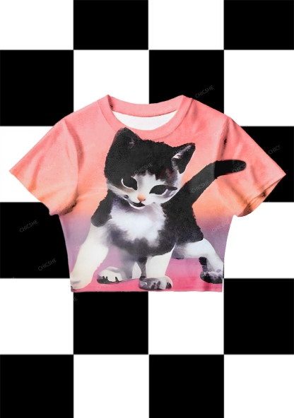 Chicshe Cute Black Cat Y2K Mesh Crop Top 