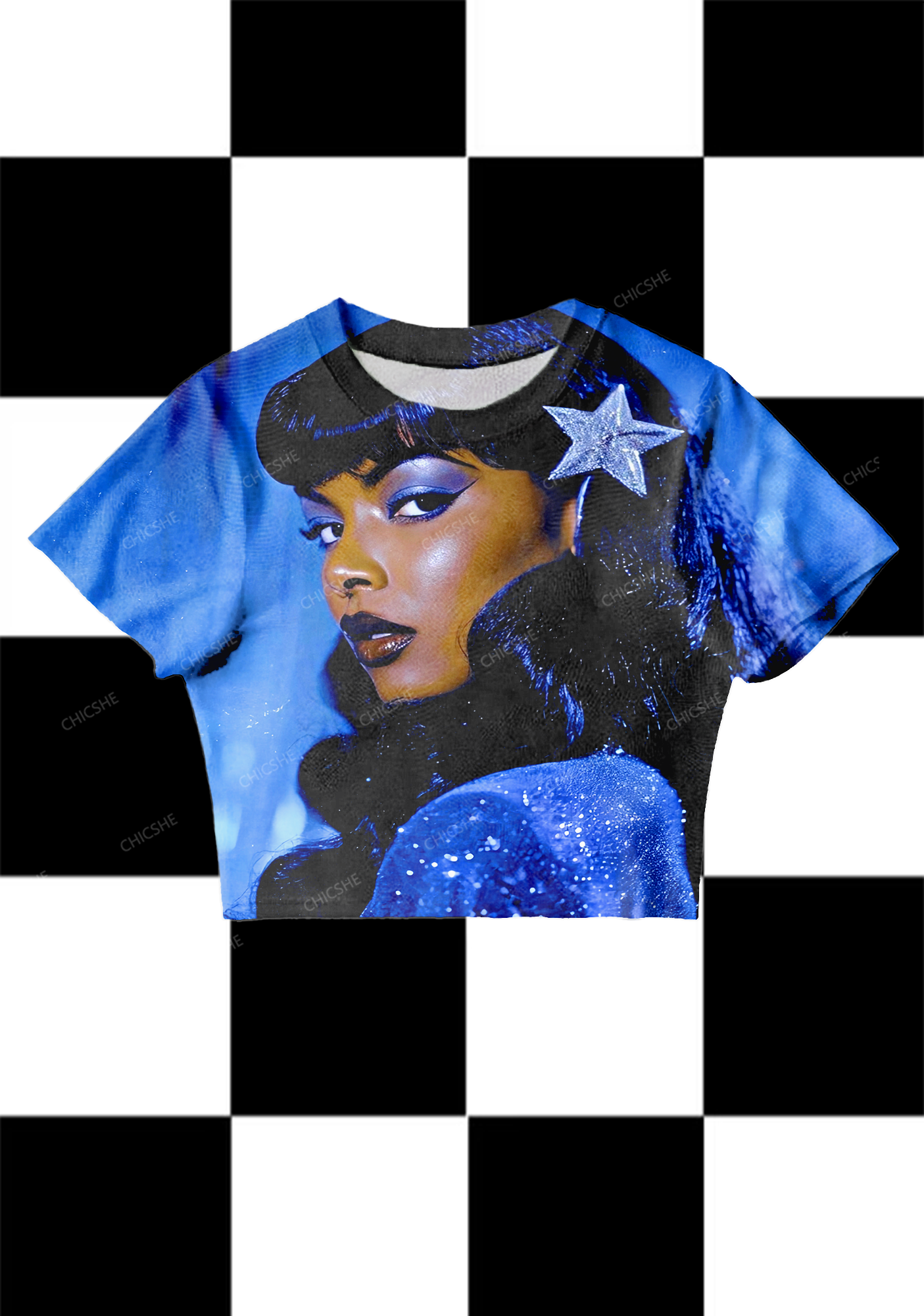 Chicshe Charming Blue Print Y2K Mesh Crop Top 