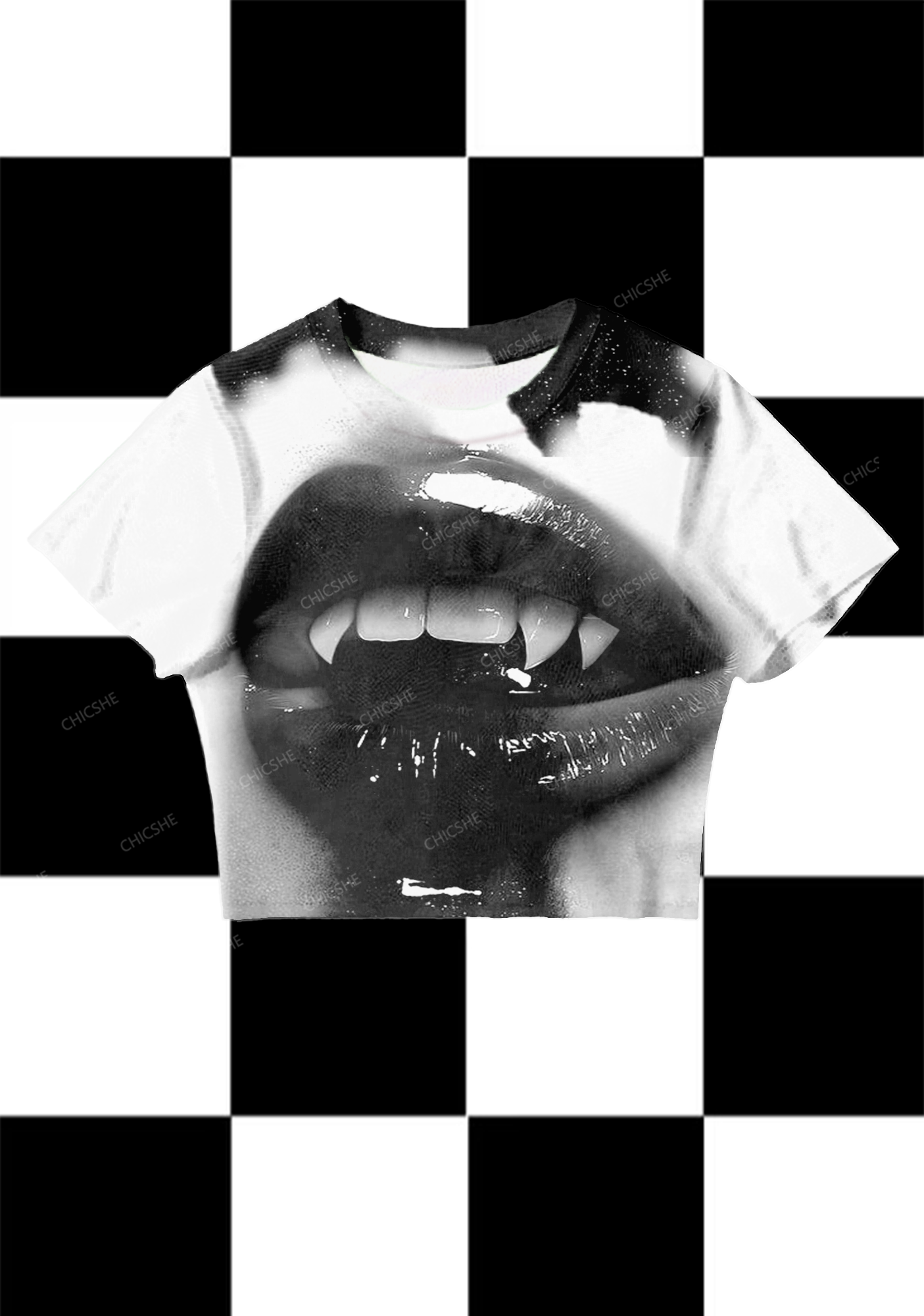 Chicshe Halloween Vampire Lips Y2K Mesh Crop Top 