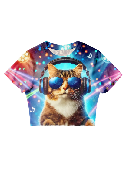 Chicshe DJ Cat at Night Y2K Mesh Crop Top 
