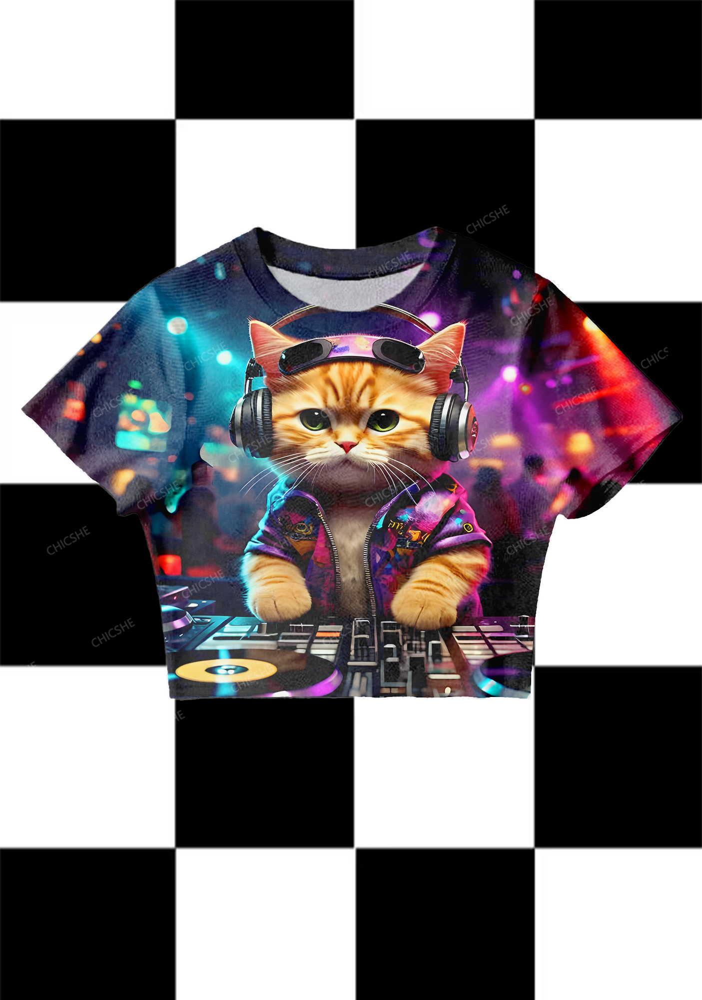 Chicshe Night DJ Cat Print Y2K Mesh Crop Top 