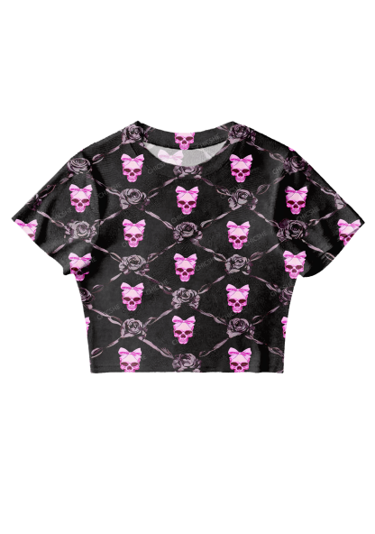 Chicshe Pink Fashion Skull print Y2K Mesh Crop Top 