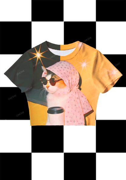 Chicshe The Turban Cat In The Cafe Y2K Mesh Crop Top 