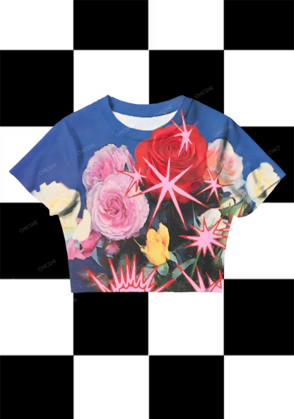 Chicshe Red Roses And Pink Roses Y2K  Mesh Crop Top