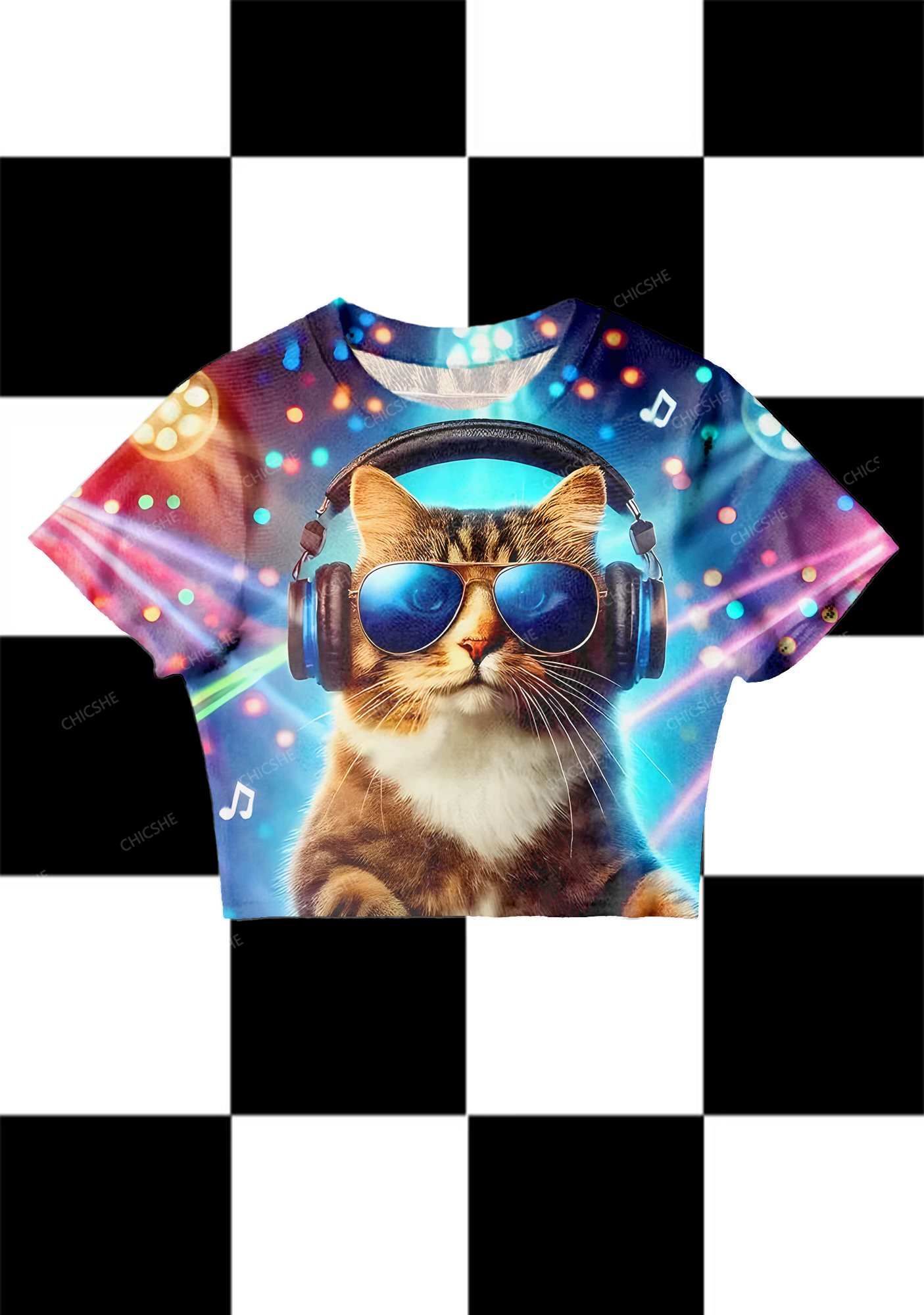 Chicshe DJ Cat at Night Y2K Mesh Crop Top 