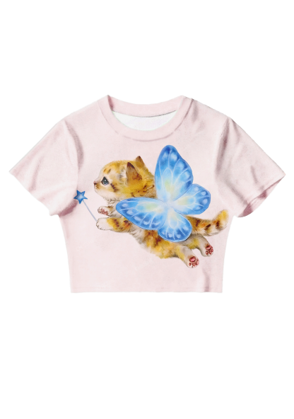 Chicshe Blue Butterfly Fairy Cat Y2K Mesh Crop Top
