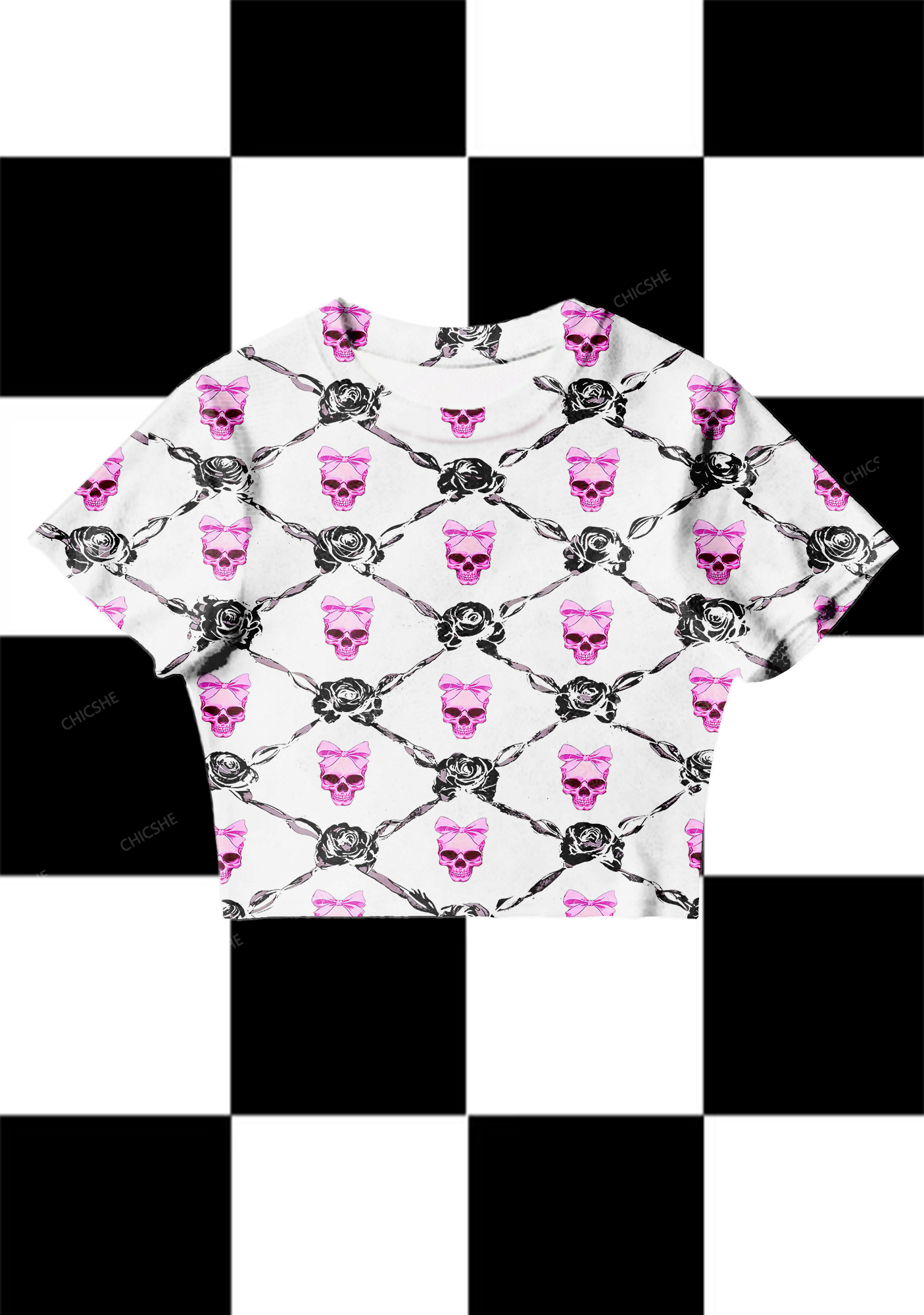 Chicshe Halloween Skull Rose Romantic Print Y2K Mesh Crop Top 