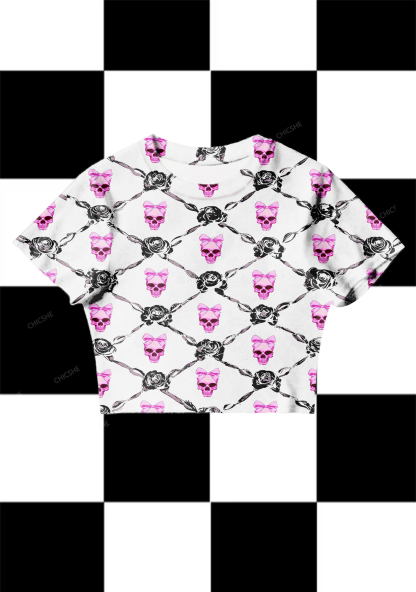 Chicshe Halloween Skull Rose Romantic Print Y2K Mesh Crop Top 