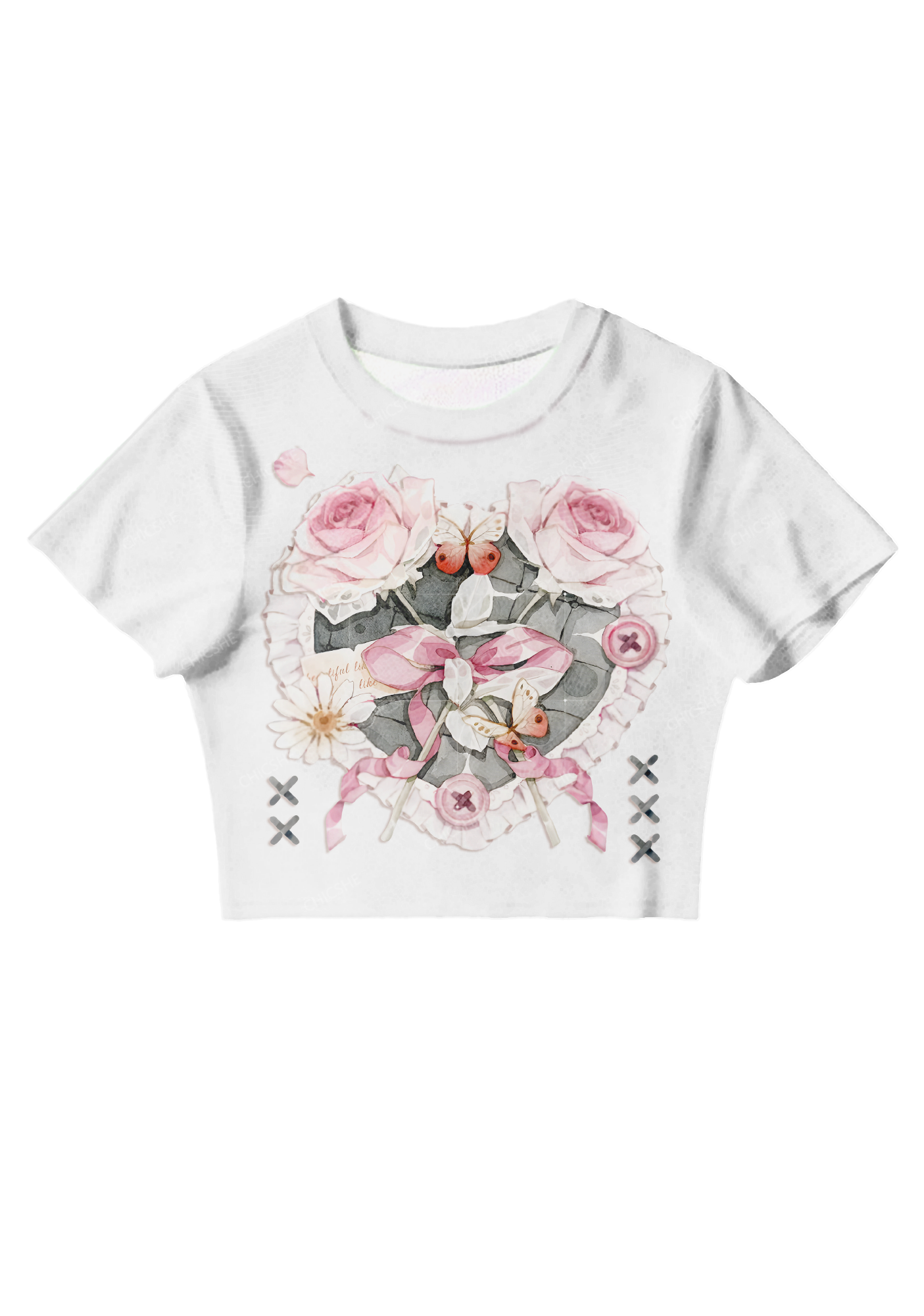 Chicshe White Rose Heart Print Y2K Mesh Crop Top