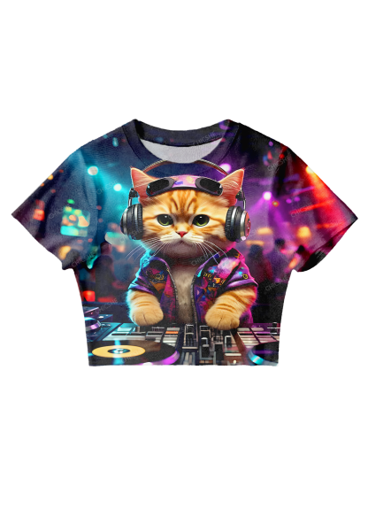 Chicshe Night DJ Cat Print Y2K Mesh Crop Top 