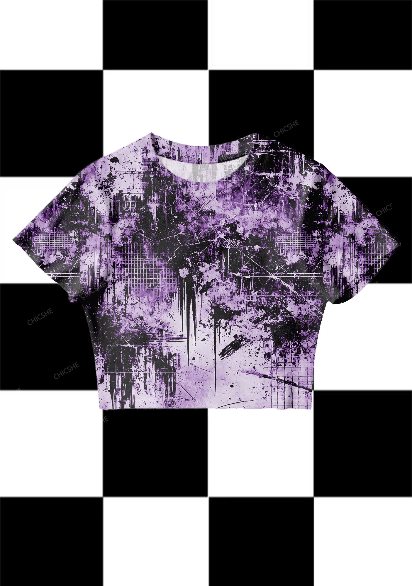 Chicshe Purple Texture Print Y2K Mesh Crop Top 