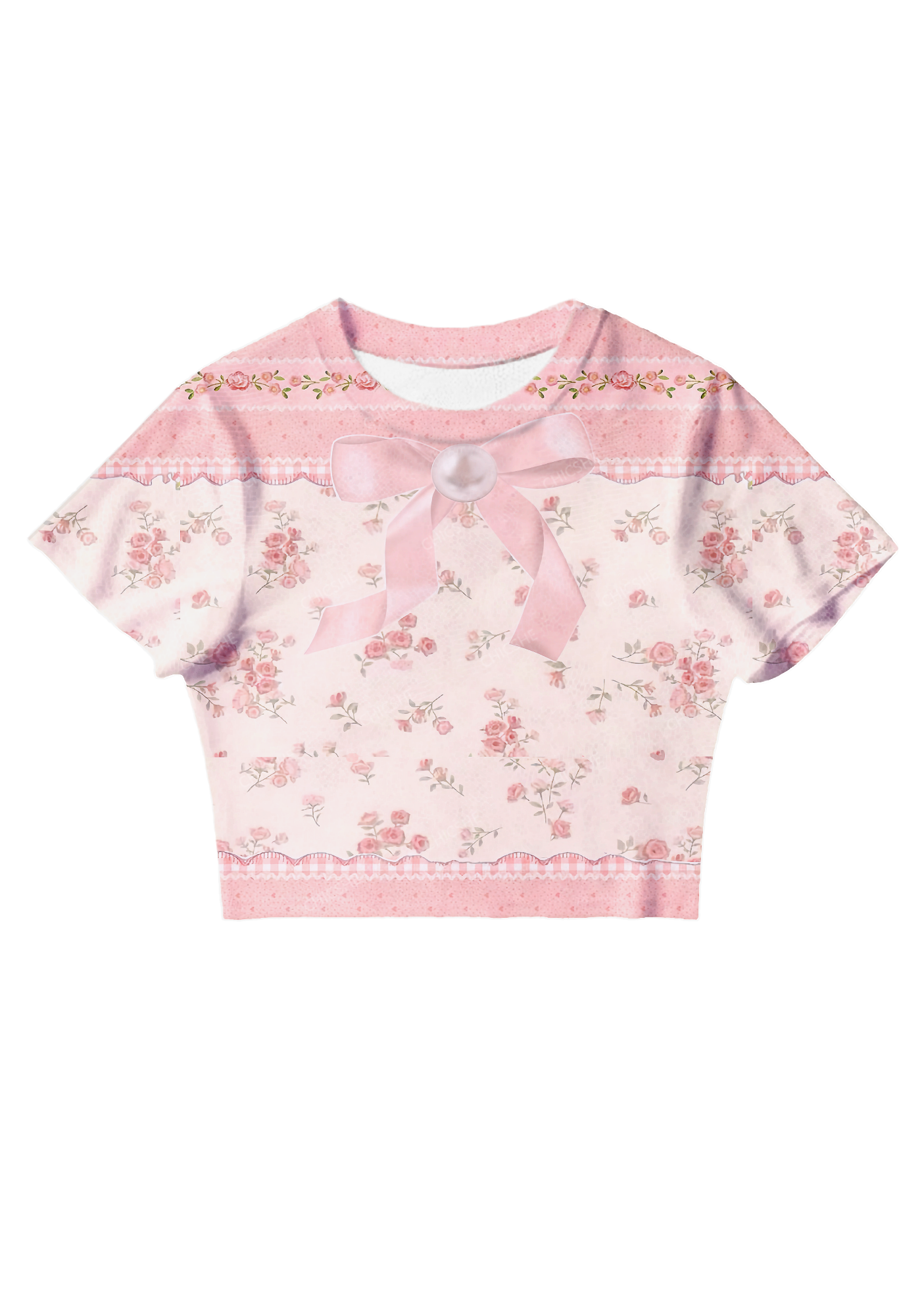 Chicshe Pink Florals And Bows Y2K Mesh Crop Top