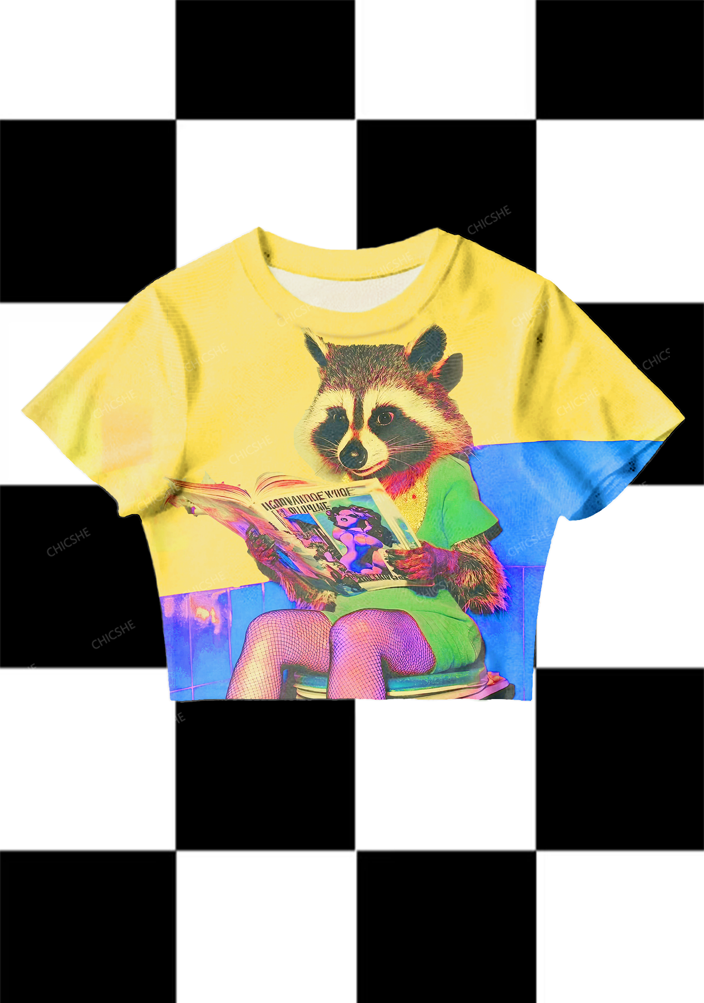 Chicshe Raccoon On The Toilet Y2K Mesh Crop Top 