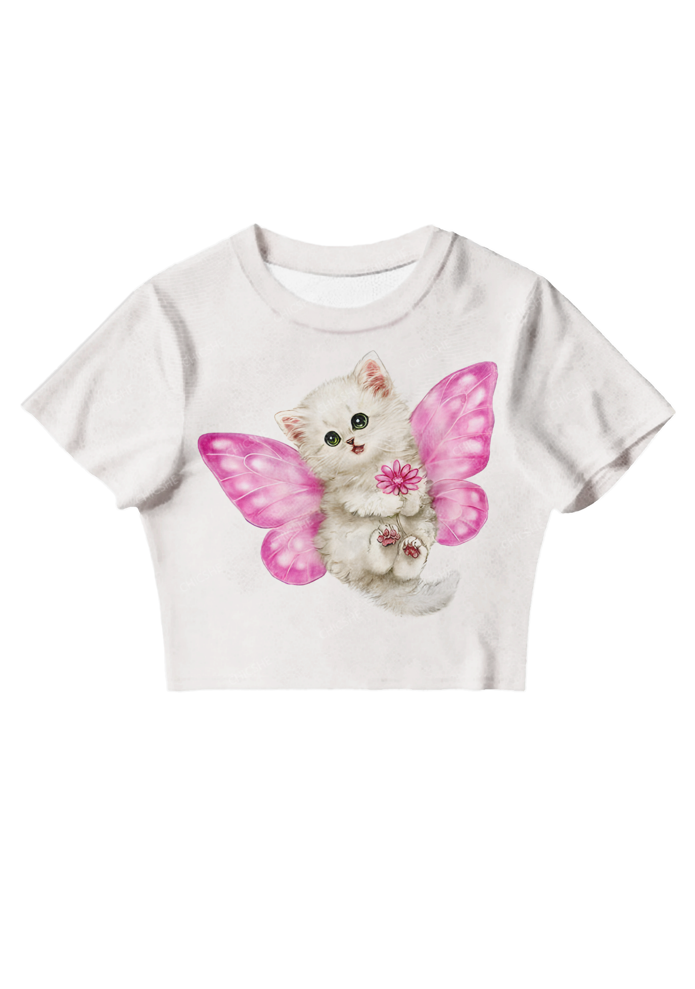 Chicshe Pink Butterfly Fairy Cat Y2K Mesh Crop Top