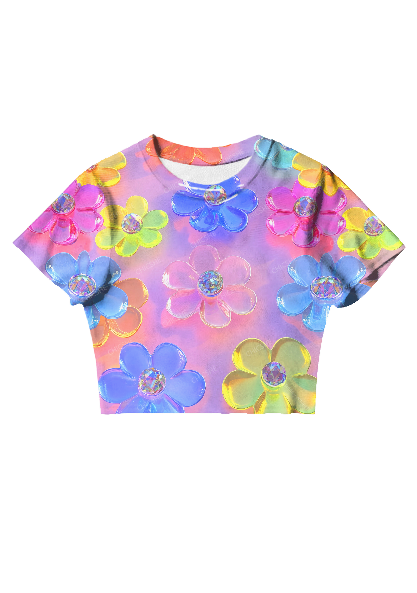 Chicshe Colorful Flowers Y2K Mesh Crop Top