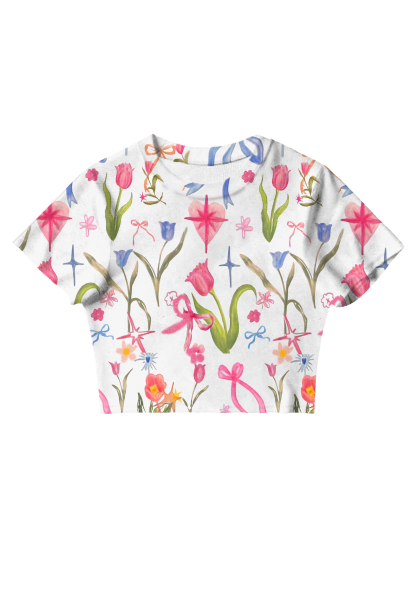 Chicshe Hand Drawn Tulips Y2K Mesh Crop Top