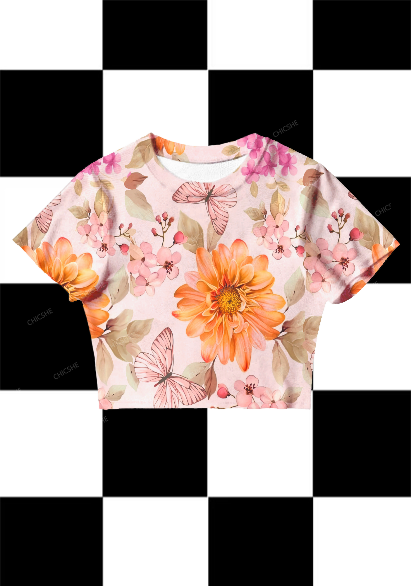 Chicshe Orange Floral Butterfly Y2K Mesh Crop Top