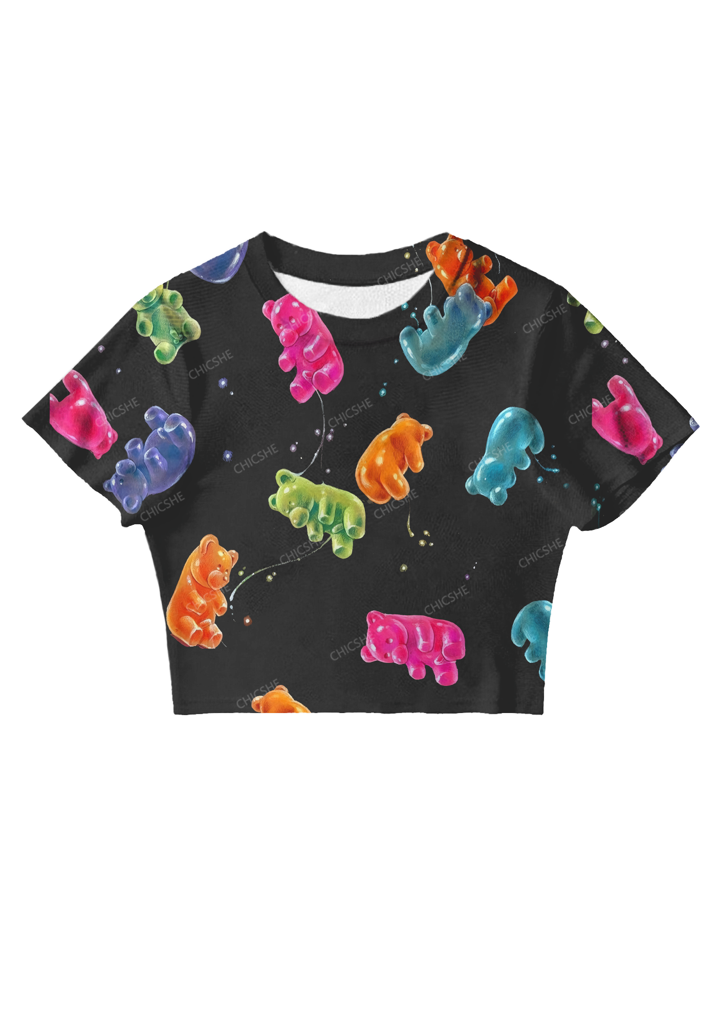 Chicshe Floating Colorful Bear Y2K Mesh Crop Top
