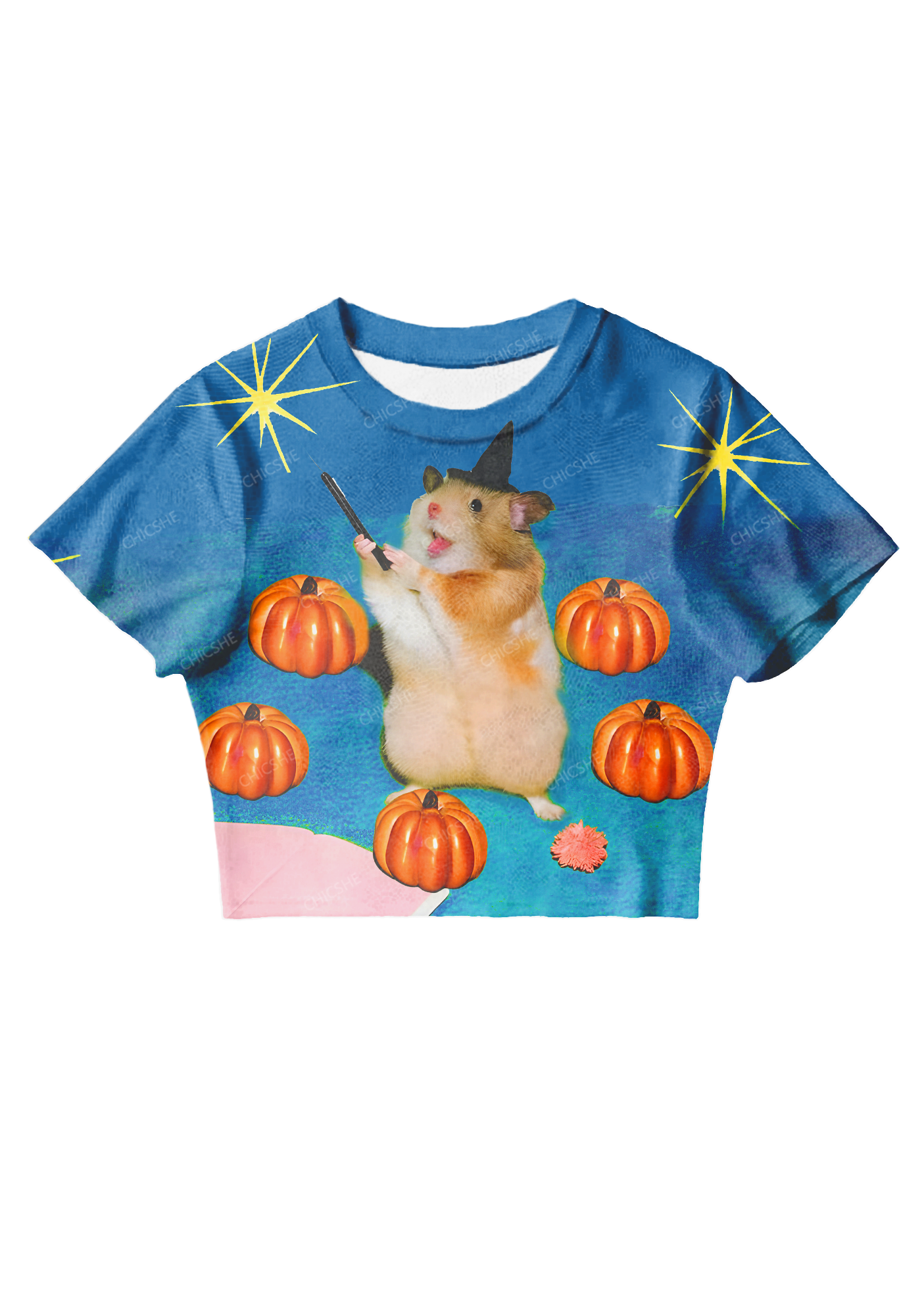 Chicshe Blue Pumpkin Wizard Rat Y2K Mesh Crop Top
