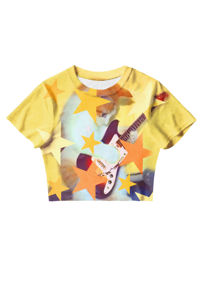 Chicshe Yellow Star Cat Musician Y2K Mesh Crop Top