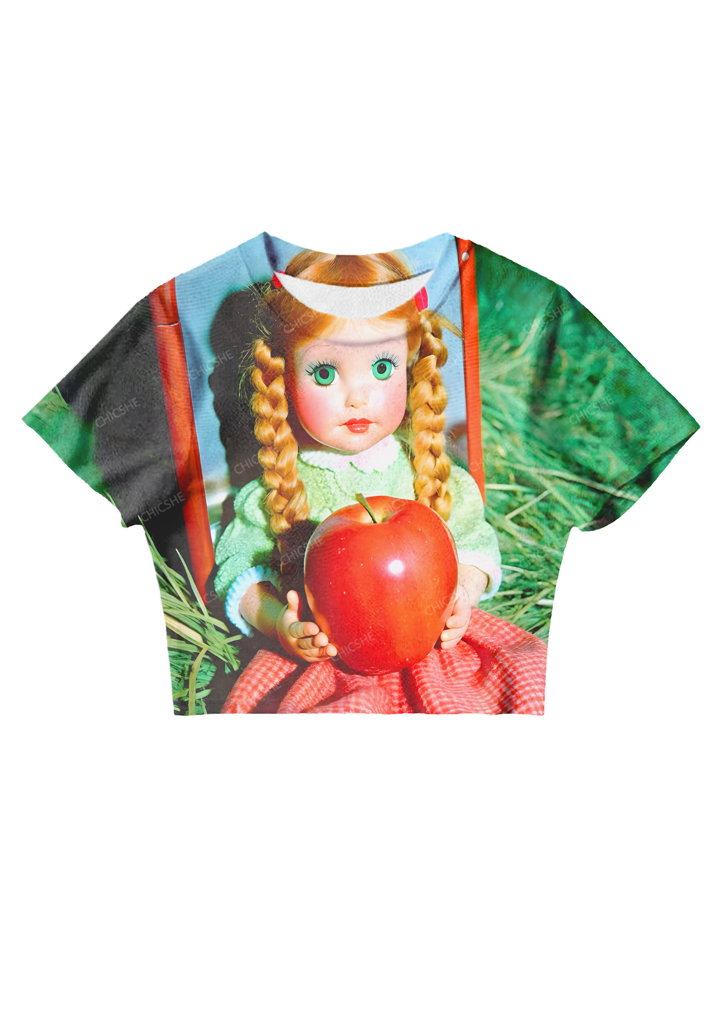 Chicshe Doll Holding An Apple Y2K Mesh Crop Top