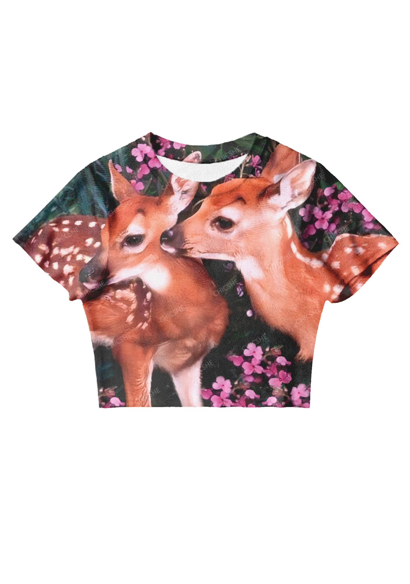 Chicshe Pink Flowers And Sika Deer Y2K Mesh Crop Top
