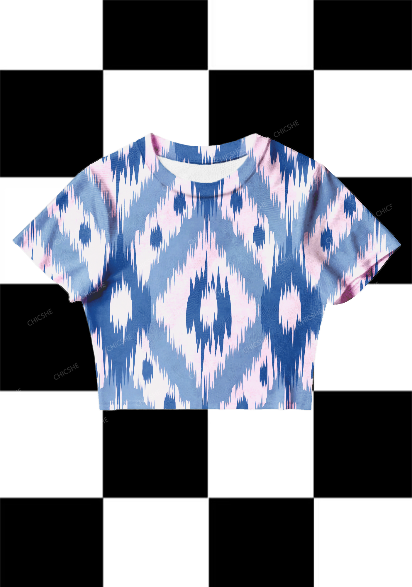 Chicshe Blue Abstract Print Y2K Mesh Crop Top