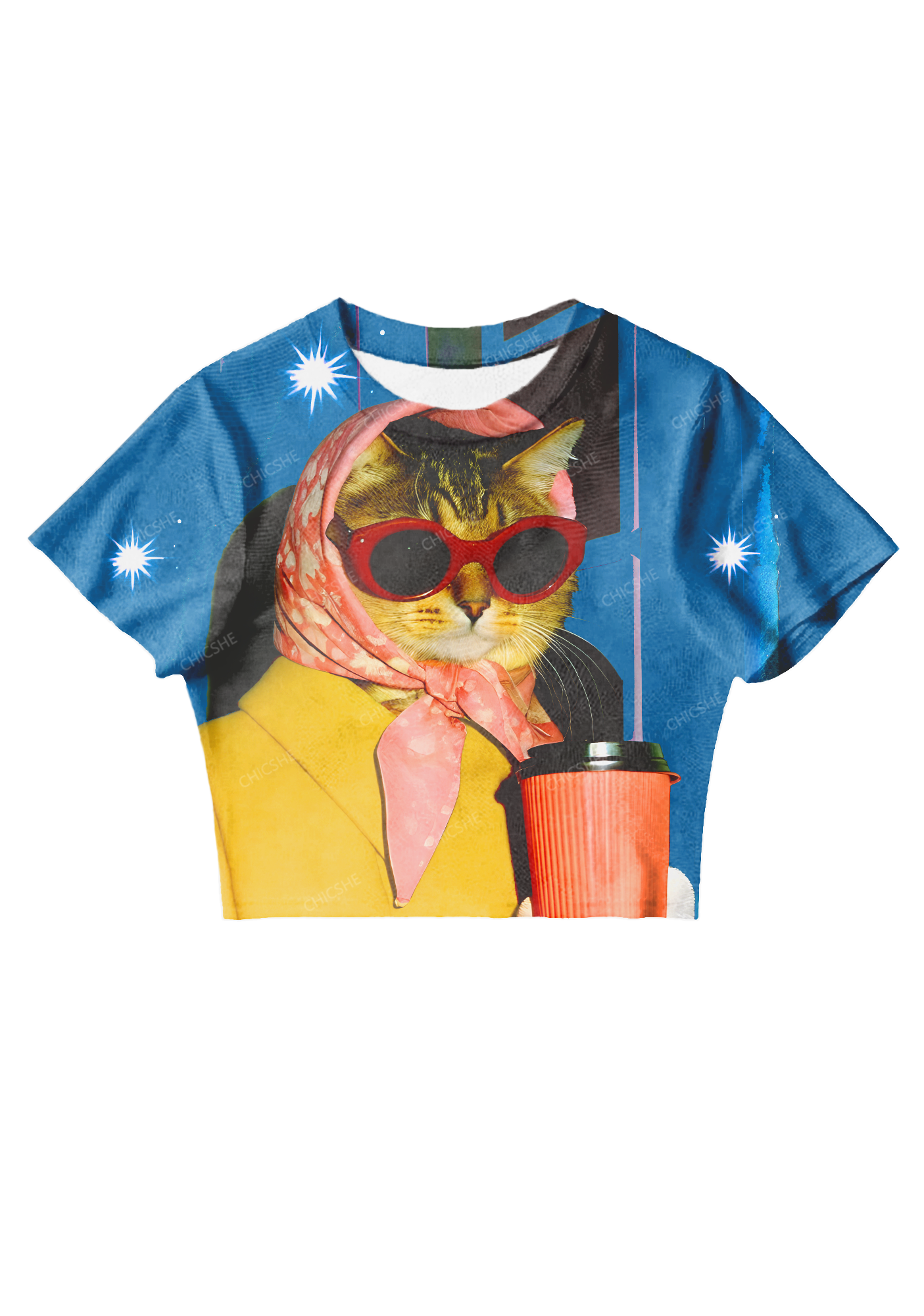 Chicshe Retro Bandana Cat Y2K Mesh Crop Top