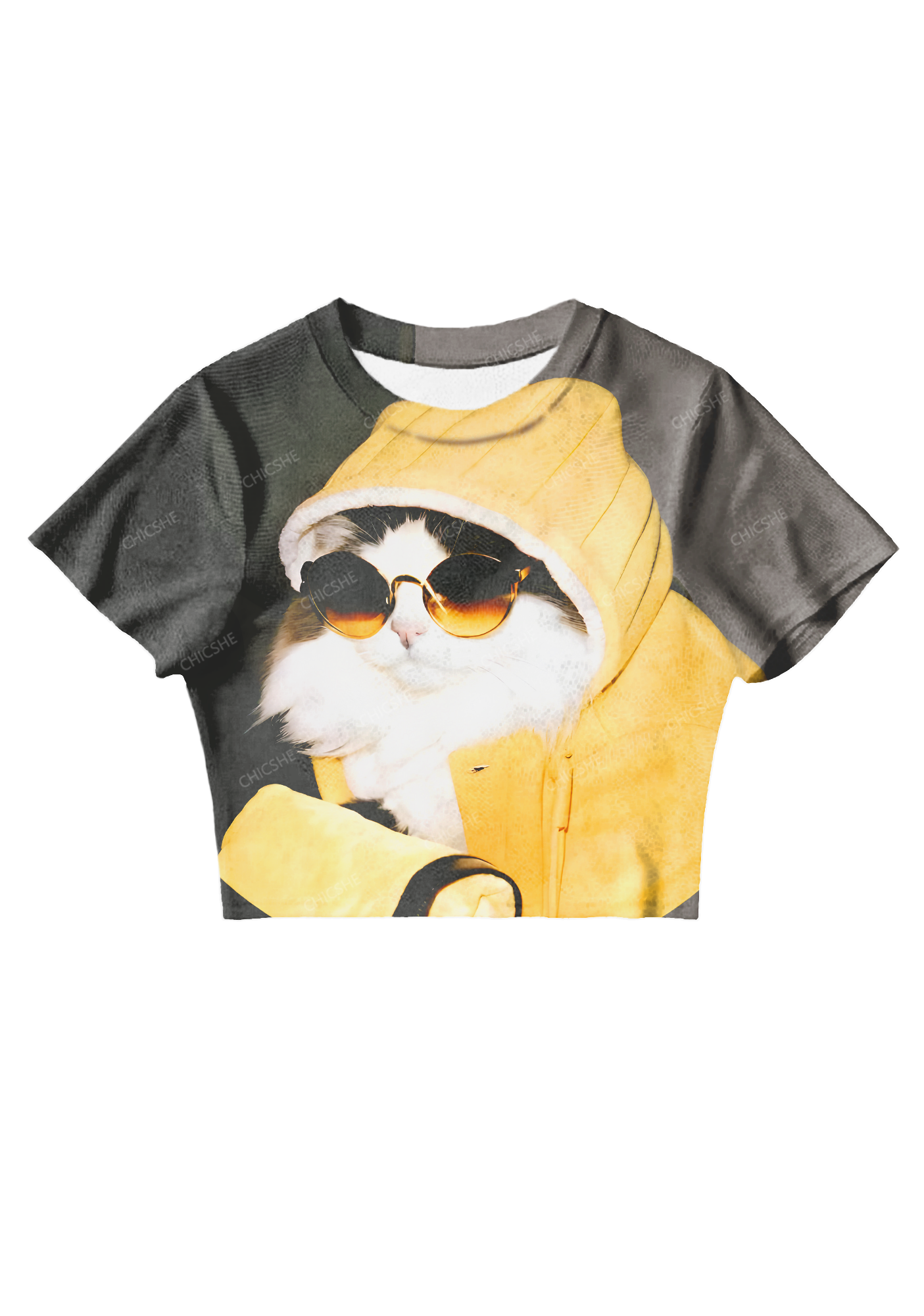Chicshe Cool Cat In Yellow Sweatshirt Y2K Mesh Crop Top
