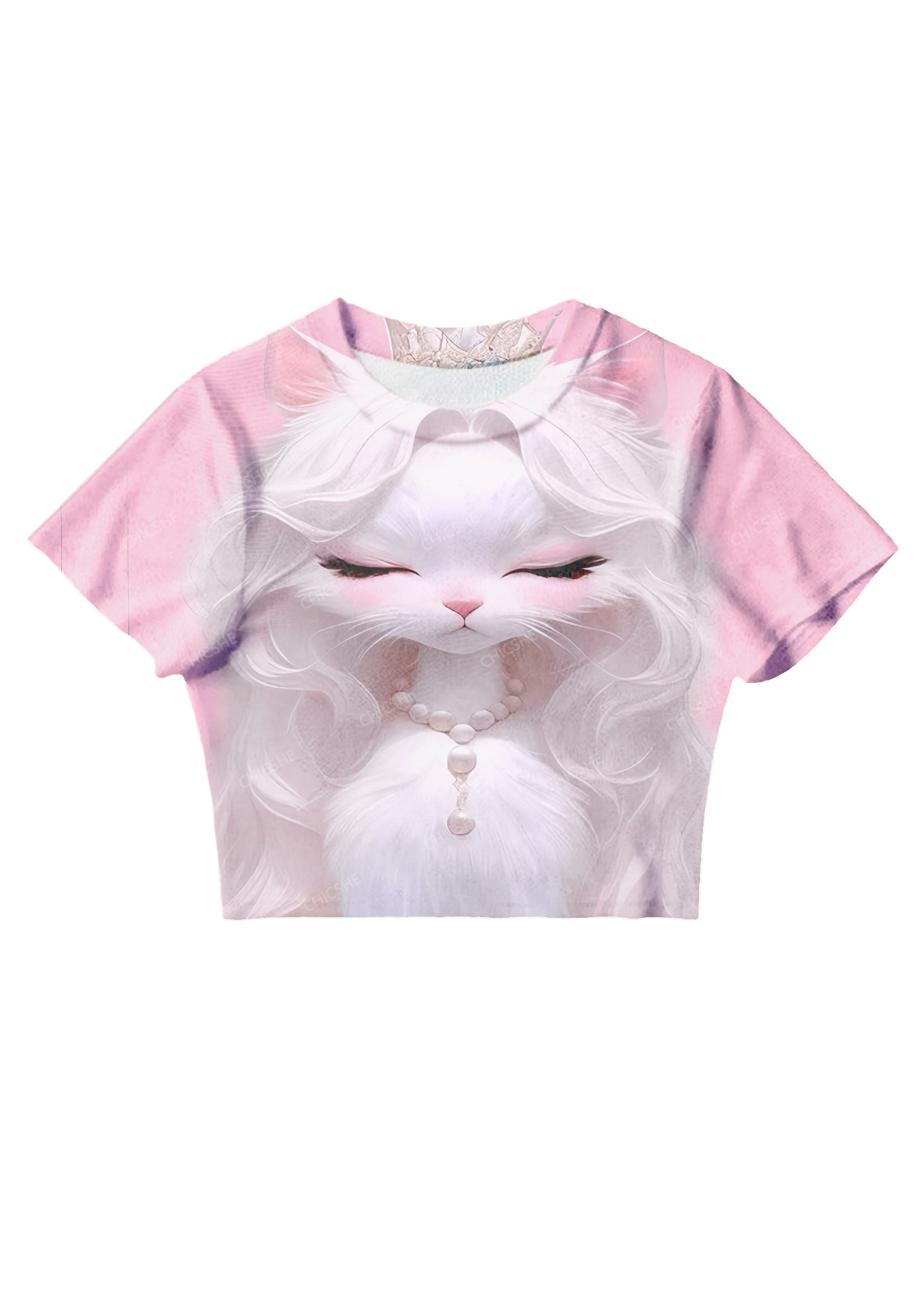 Chicshe White Queen Cat Y2K Mesh Crop Top