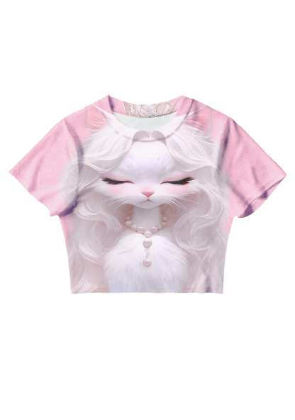 Chicshe White Queen Cat Y2K Mesh Crop Top