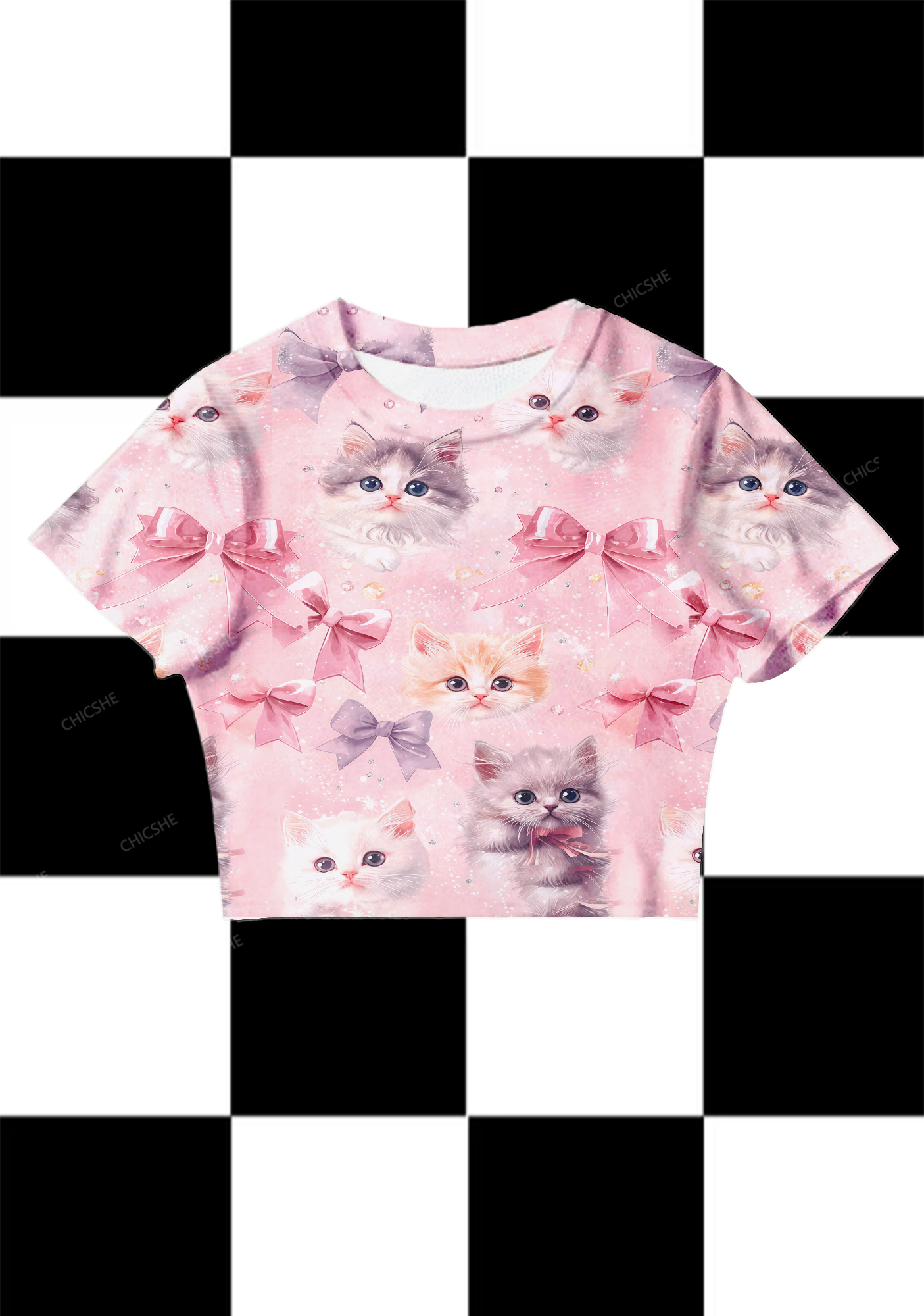 Chicshe Cat Pink Bow Print Y2K Mesh Crop Top