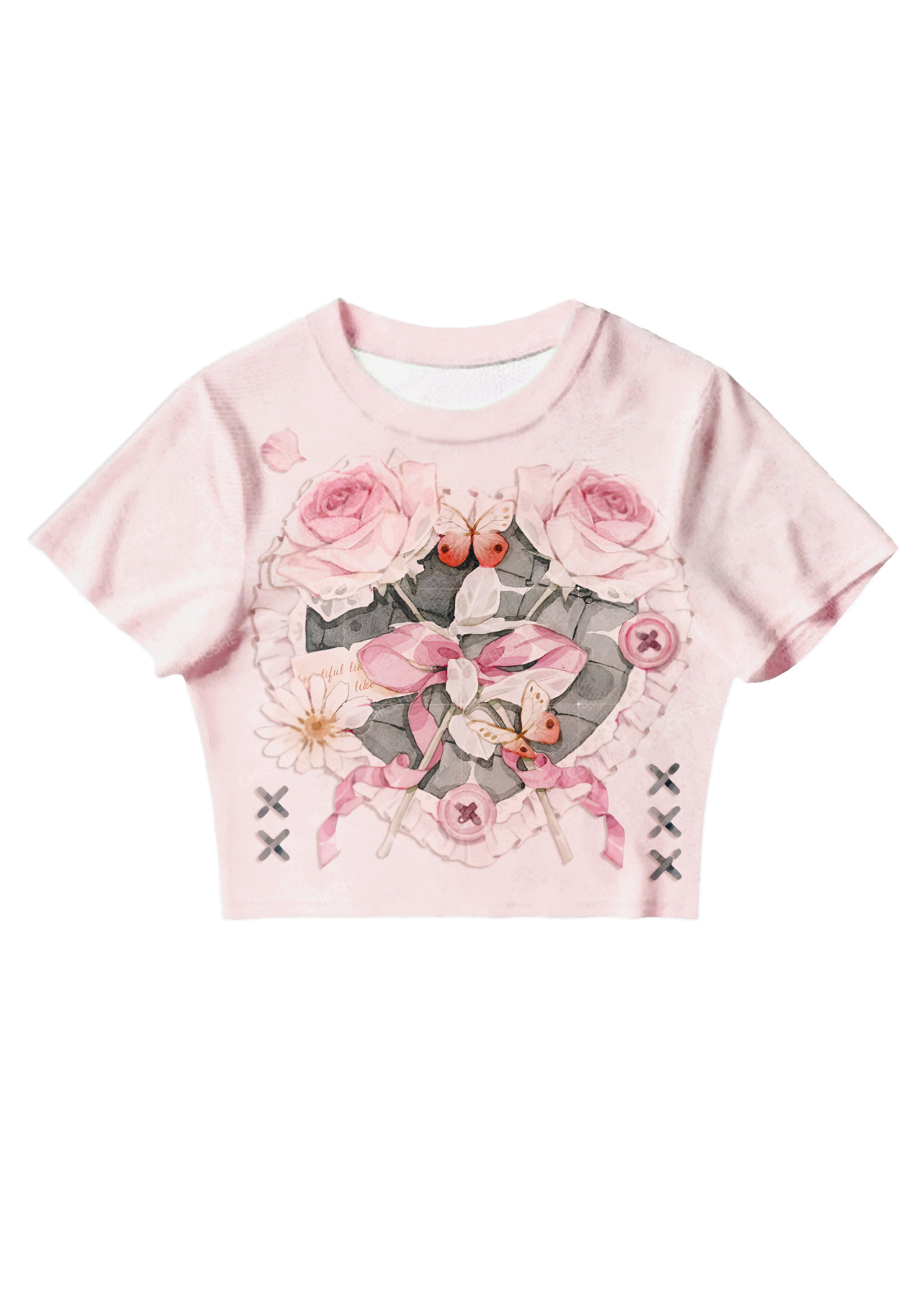 Chicshe PInk Rose Heart Print Y2K Mesh Crop Top