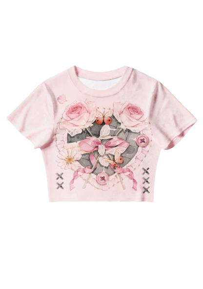 Chicshe PInk Rose Heart Print Y2K Mesh Crop Top