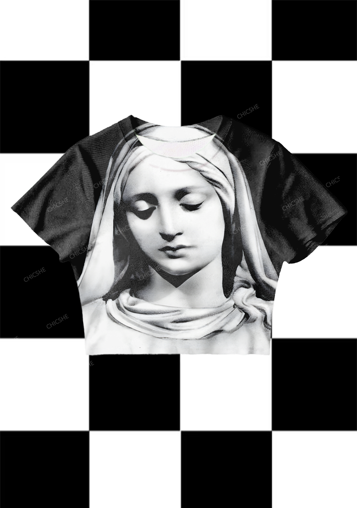 Chicshe Black Character Print Y2K Mesh Crop Top 