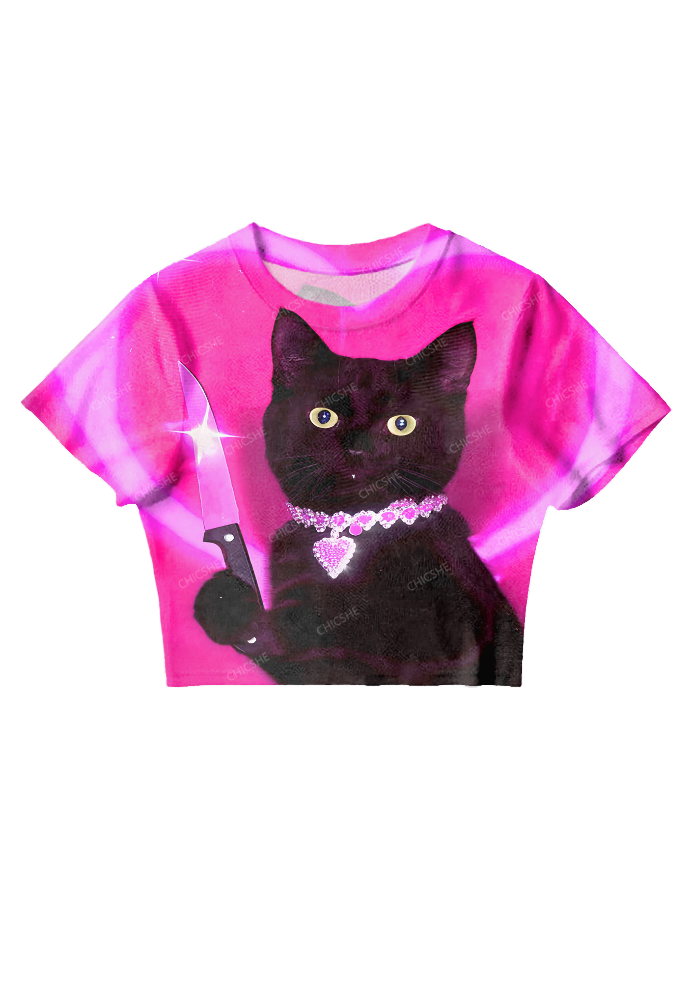  Halloween Black Cat Killer Y2K Mesh Crop Top Chicshe