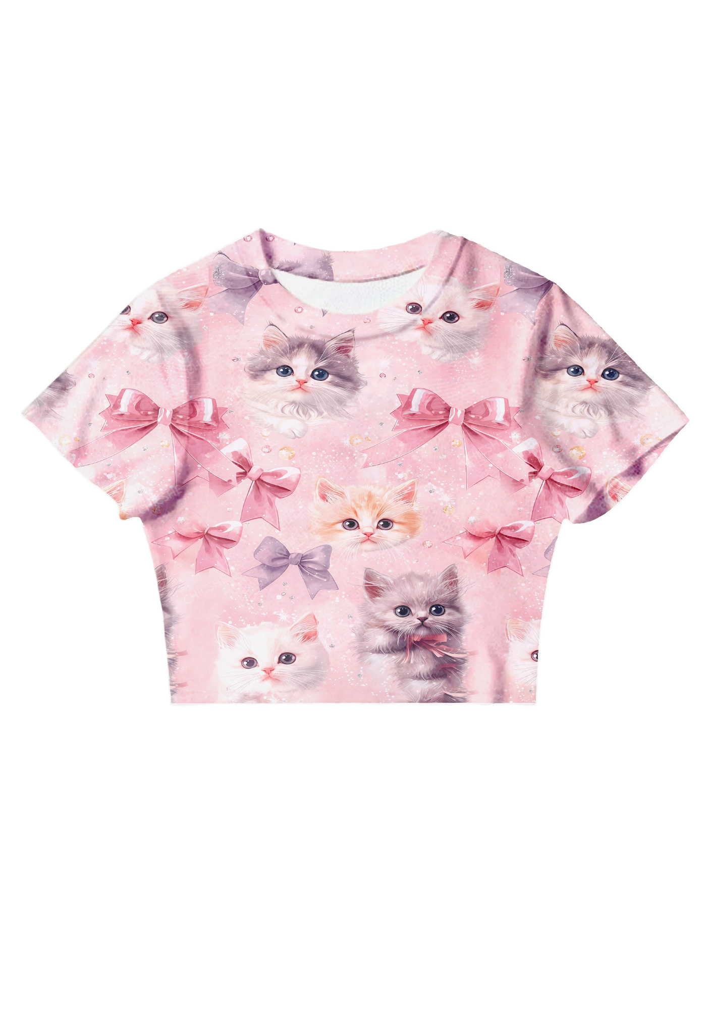 Chicshe Cat Pink Bow Print Y2K Mesh Crop Top