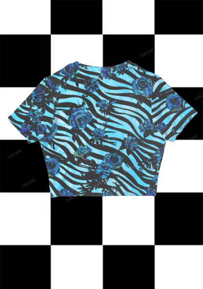 Chicshe Blue Rose Zebra Print Y2K Mesh Crop Top 