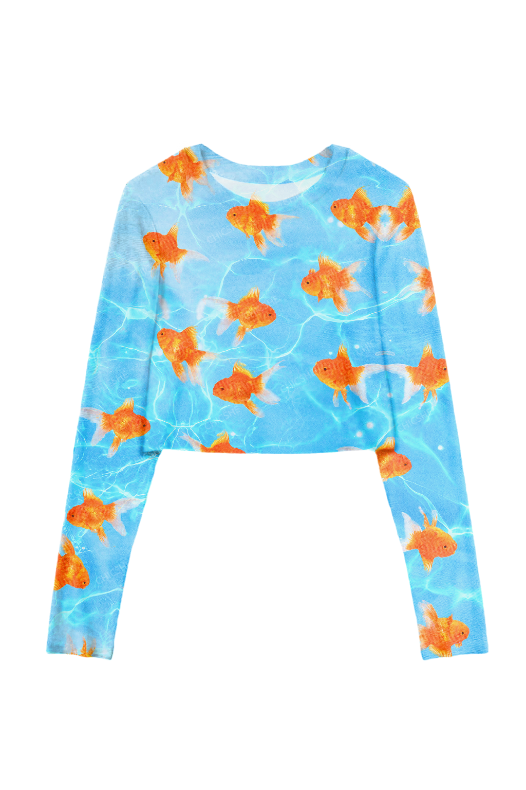 Chicshe Goldfish Water Waves Y2K Mesh Long Sleeve Crop Top