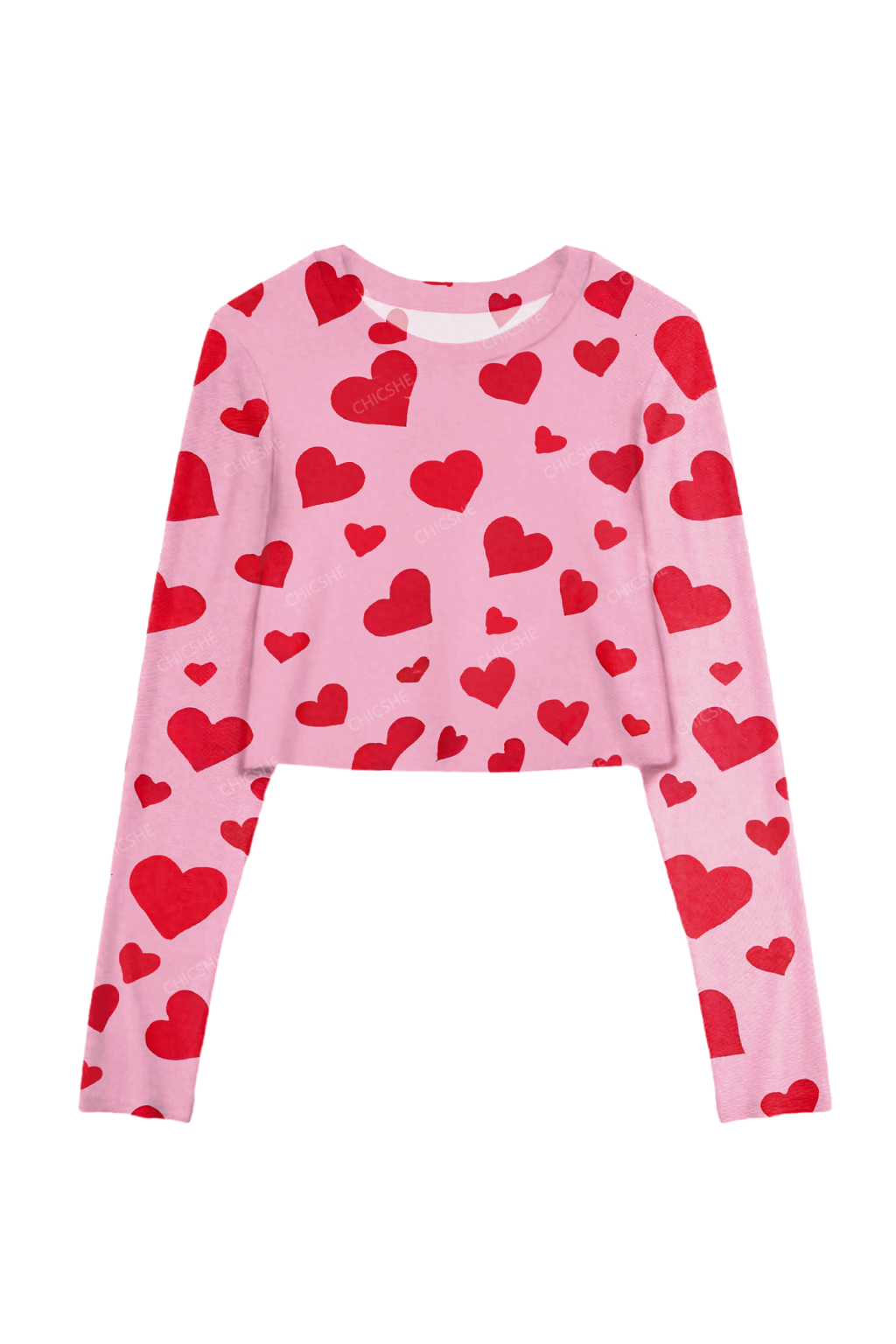 Chicshe Pink Heart Elegant Print Y2K Mesh Long Sleeve Crop Top
