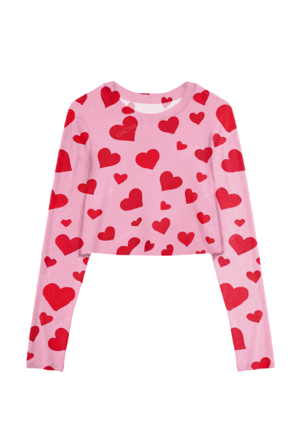 Chicshe Pink Heart Elegant Print Y2K Mesh Long Sleeve Crop Top