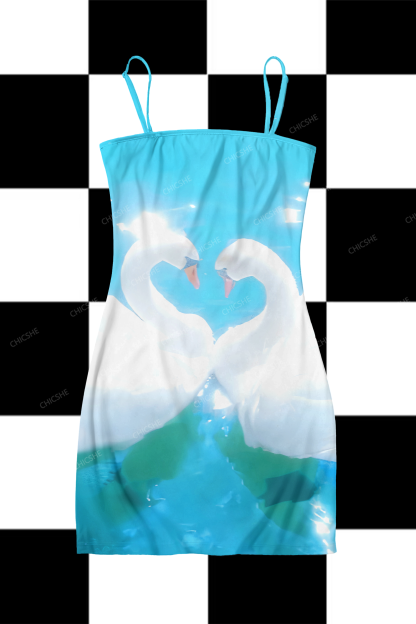  Swan Lake Y2K Print Slip Dress Chicshe
