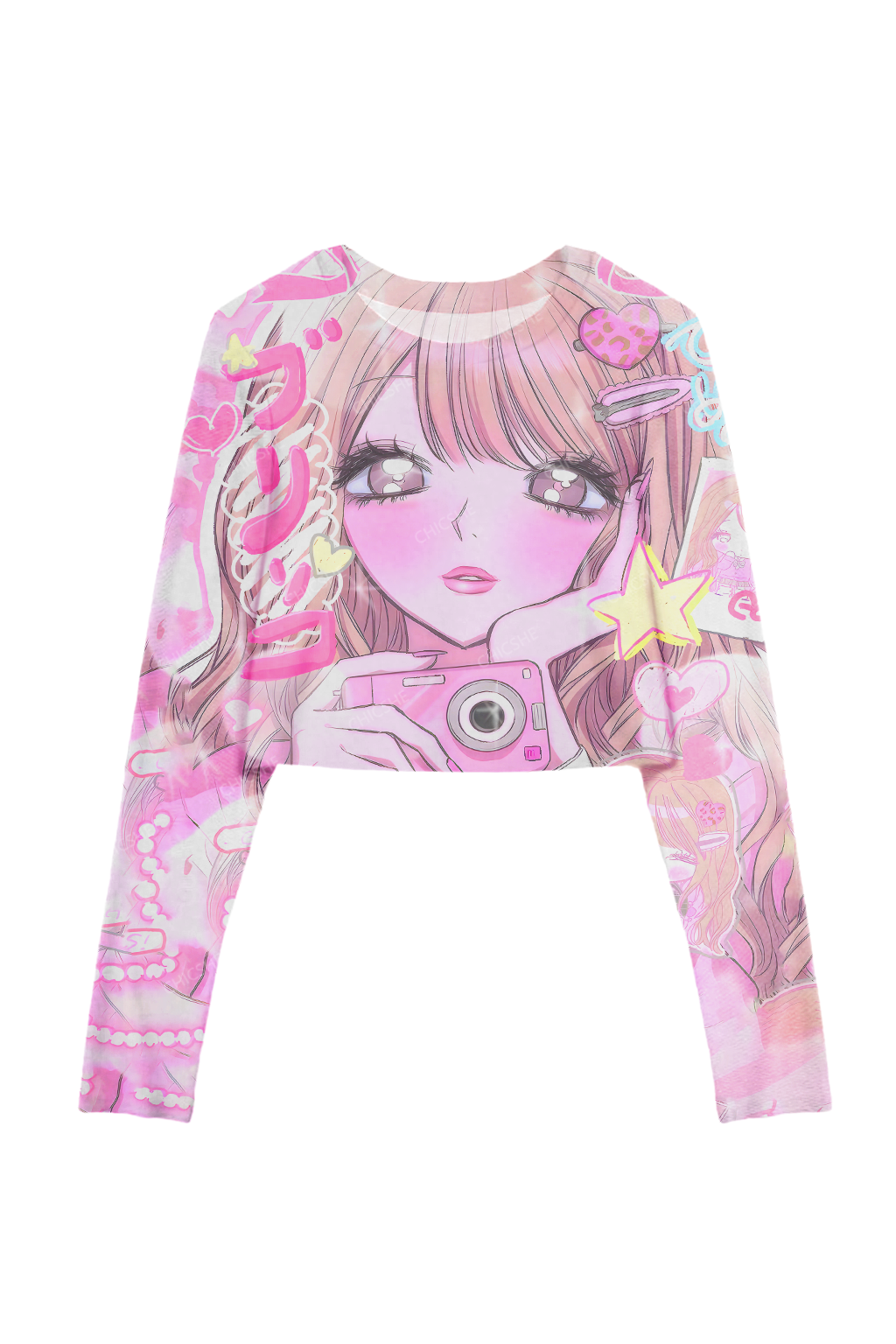 Chicshe  Pink Girl With Camera Y2K Mesh Long Sleeve Crop Top