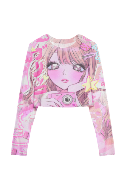 Chicshe  Pink Girl With Camera Y2K Mesh Long Sleeve Crop Top