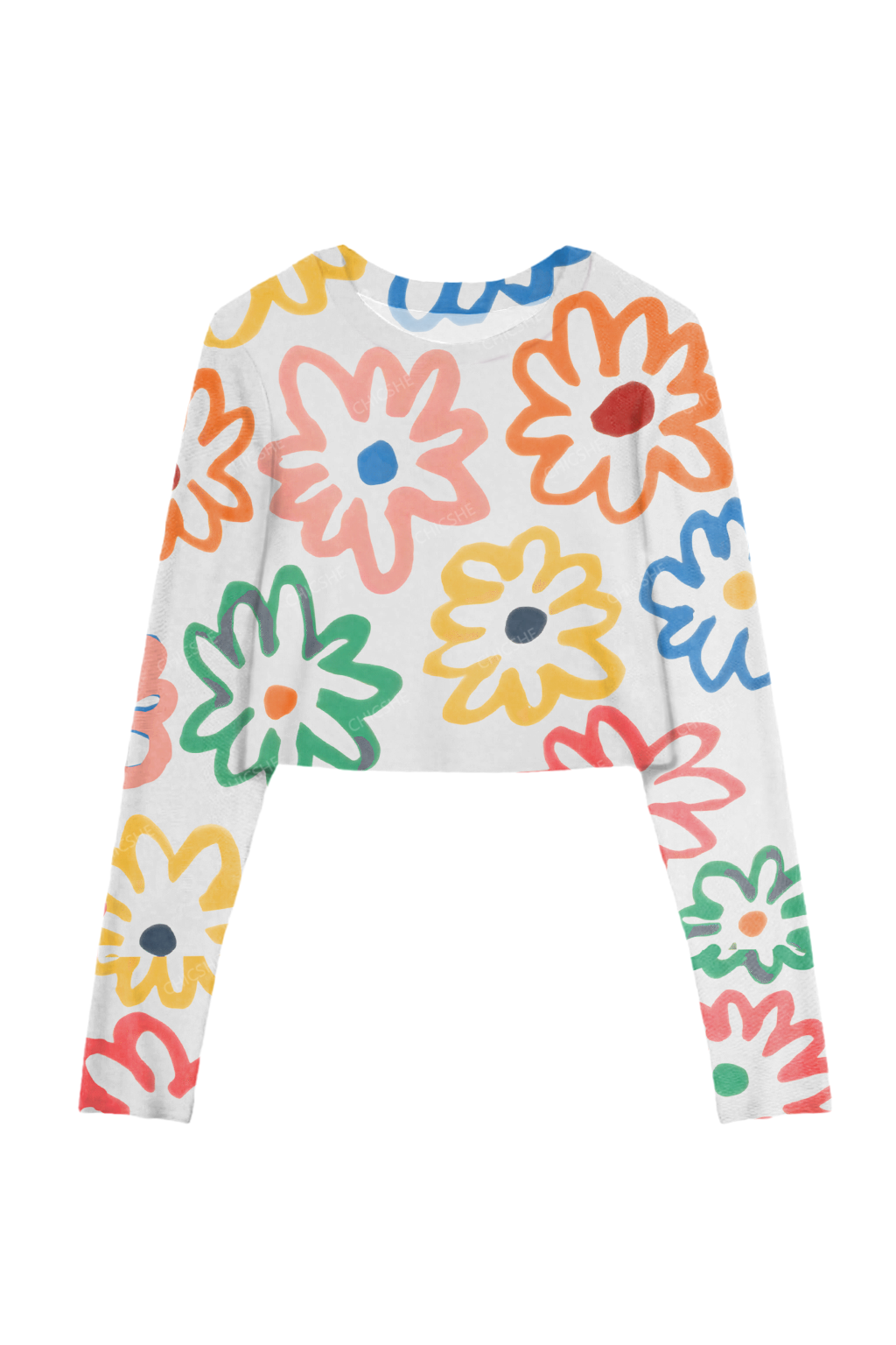 Chicshe Colorful Large Flower Print Y2K Mesh Long Sleeve Crop Top