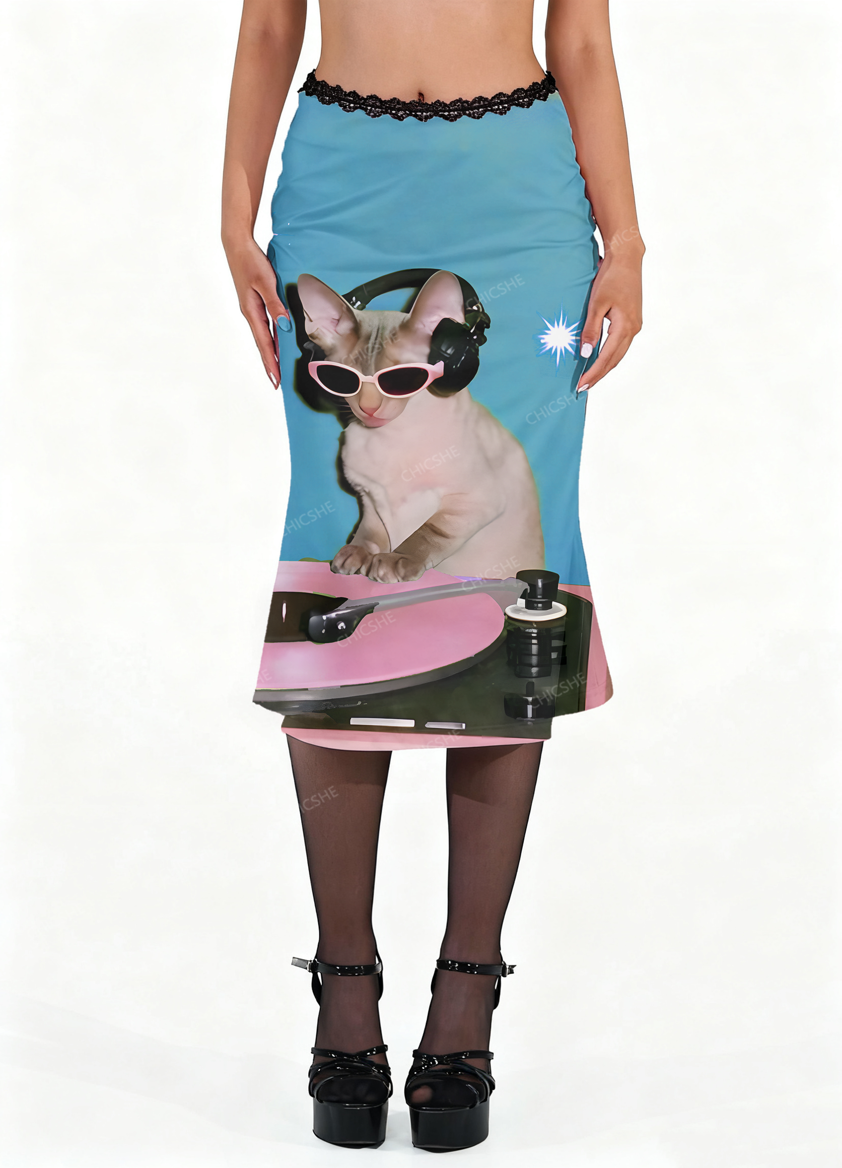 Chicshe DJ cat Y2K Print Midi Skirt 