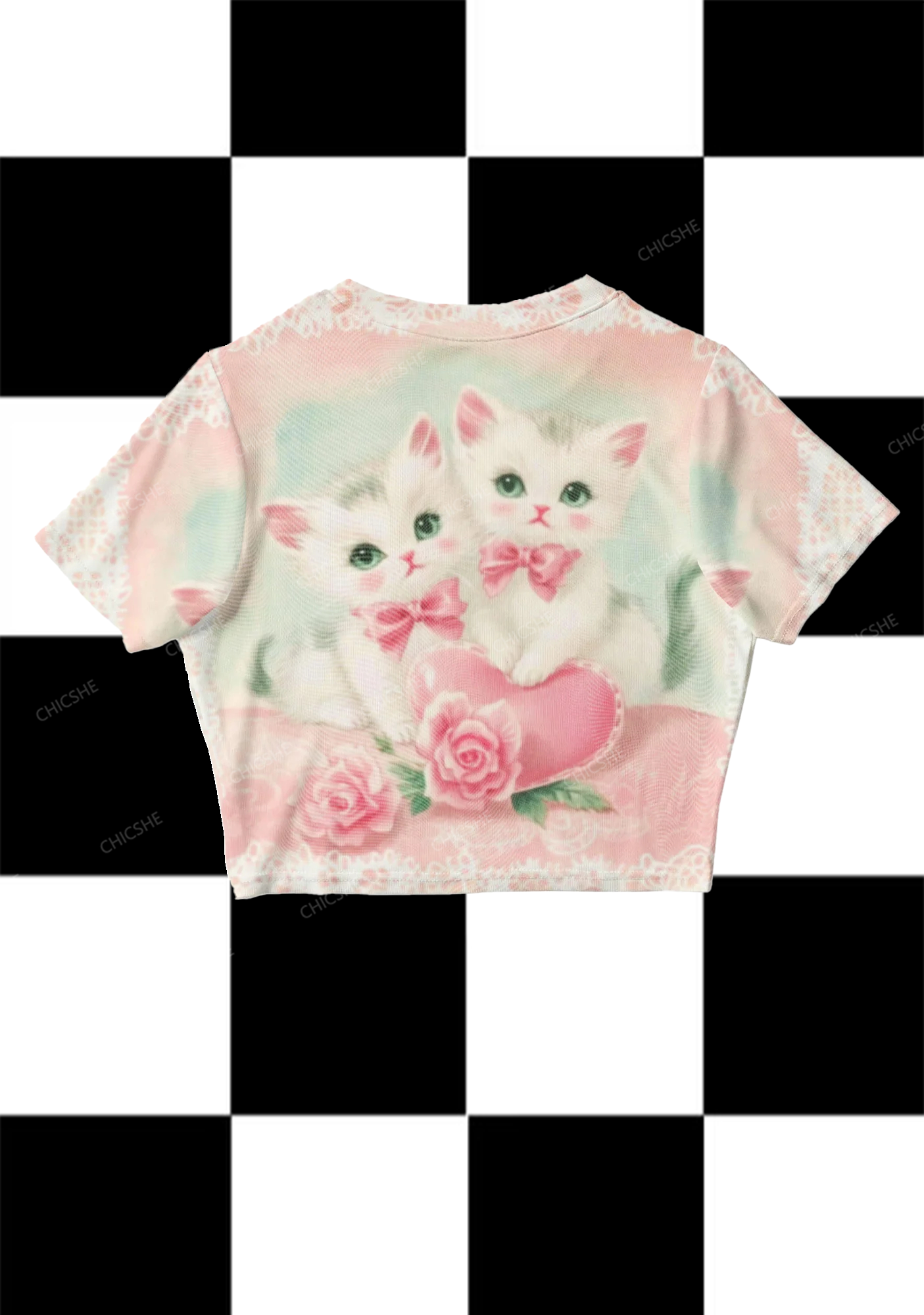 Retro Pink Cat Print Y2K Mesh Crop Top Chicshe 