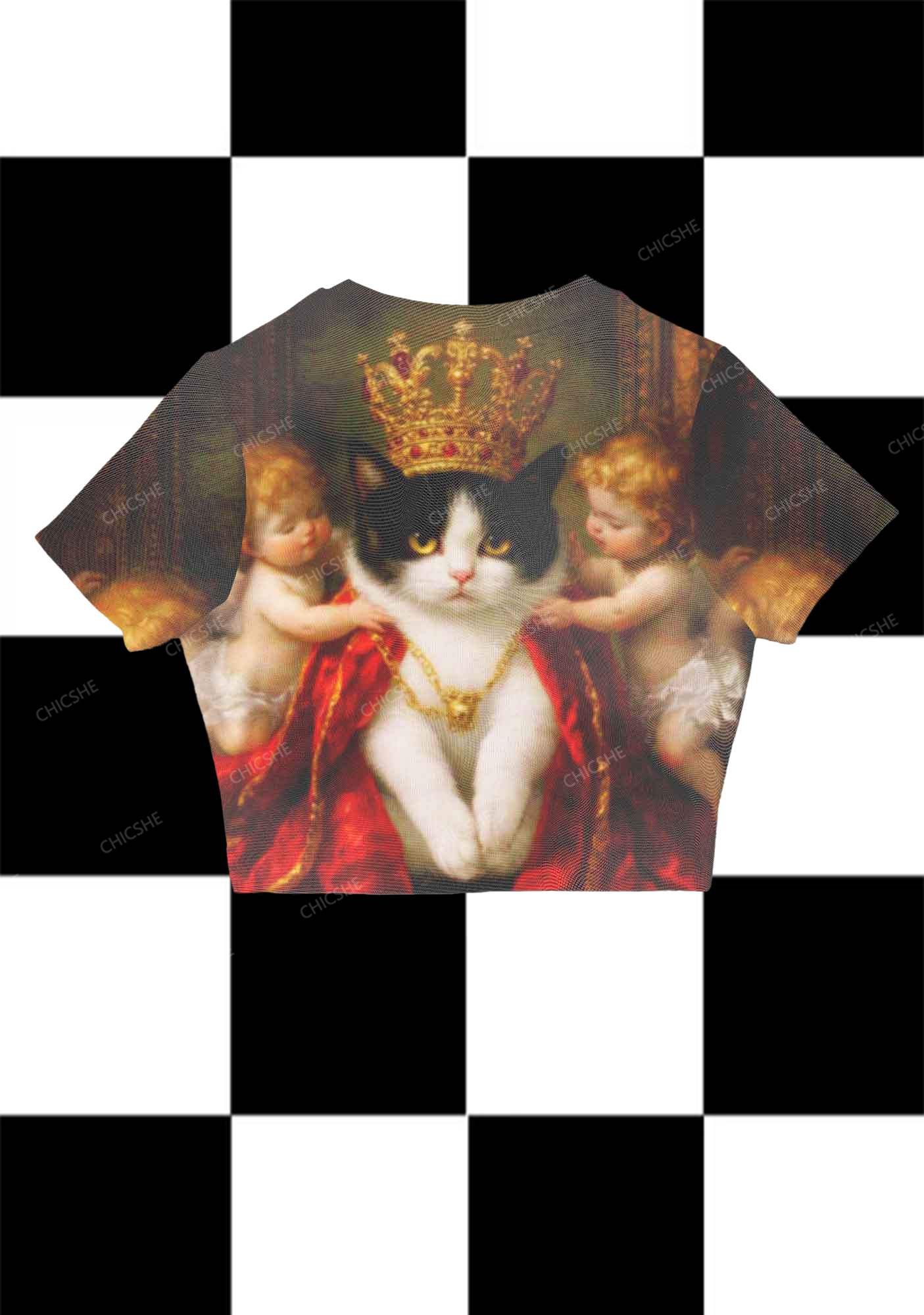 Oil Painting King Cat Print Y2K Mesh Crop Top Chicshe 